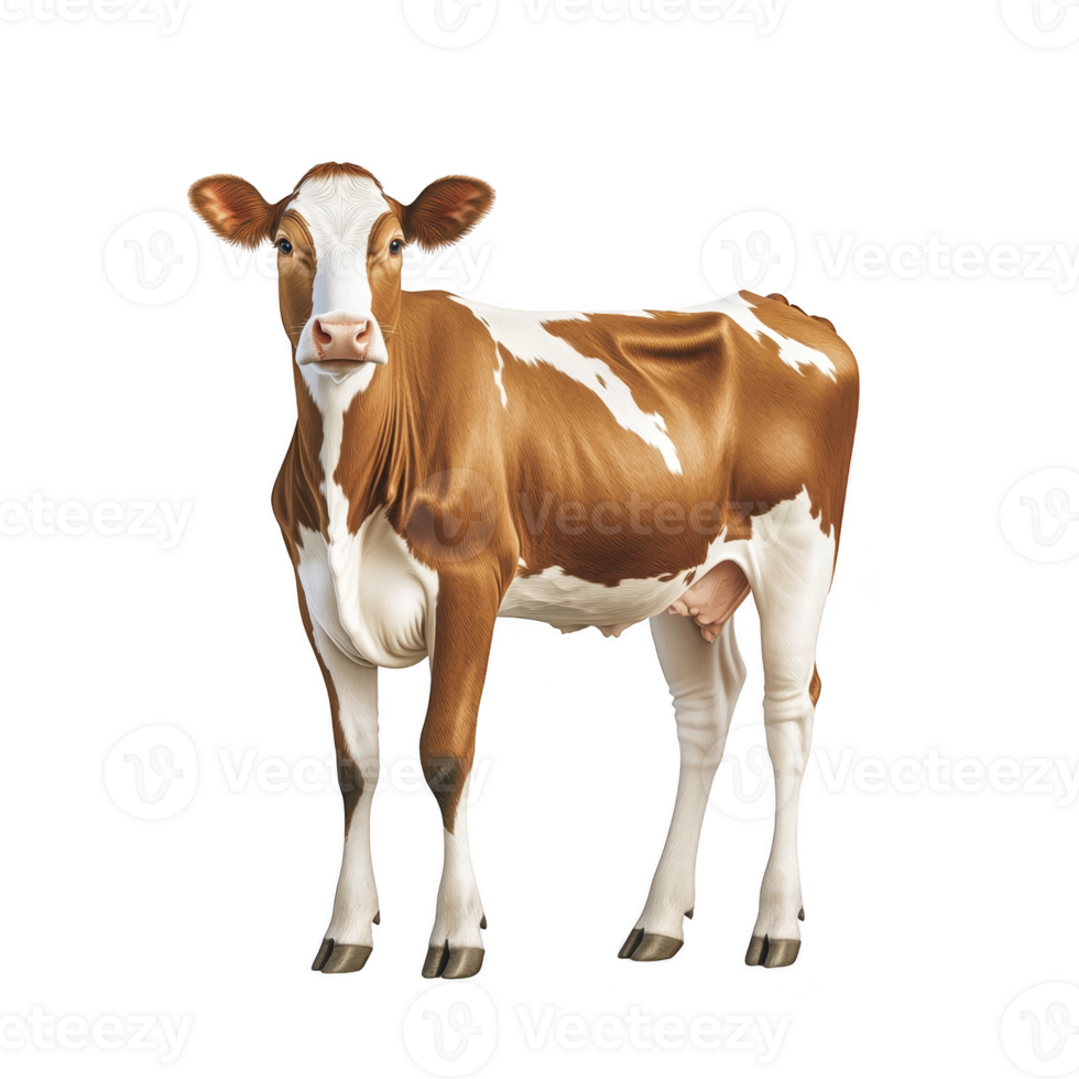 Brown and white cow stands facing forward, showcasing its distinctive markings and calm demeanor. cow ears are perked up, and its udder is visible, indicating it dairy breed png