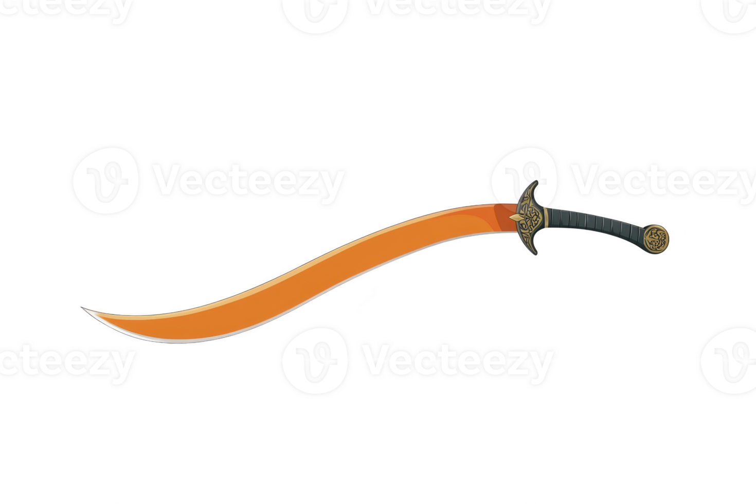 Ornate scimitar with curved blade and detailed hilt design, featuring vibrant orange color. sword elegant shape and intricate craftsmanship evoke sense of historical allure png