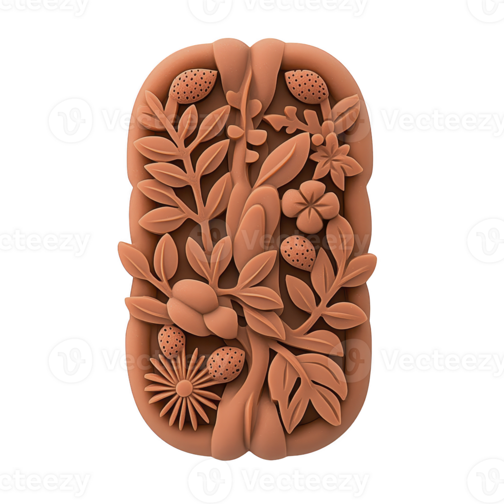 Detailed terracotta relief sculpture features intricate floral and botanical designs, showcasing leaves, flowers, and berries in harmonious arrangement. craftsmanship highlights natural beauty png