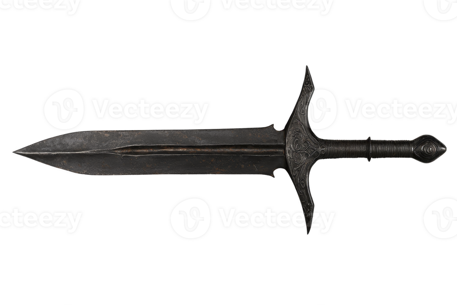 Medieval style sword with ornate hilt and double edged blade, showcasing intricate craftsmanship and historical design. weapon exudes sense of ancient power and elegance png