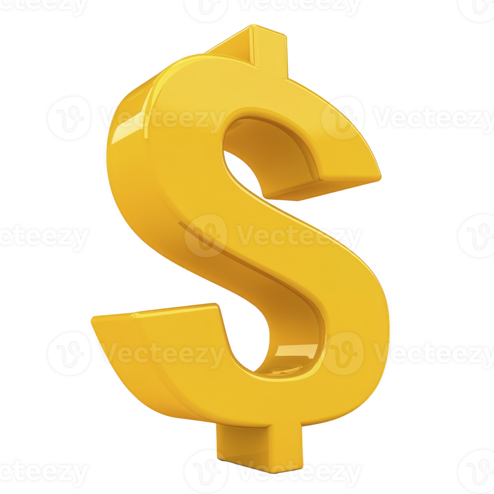 Shiny yellow dollar sign symbol stands out against transparency background, representing wealth, finance, and economic concepts. bold and glossy design adds modern touch to classic currency icon png