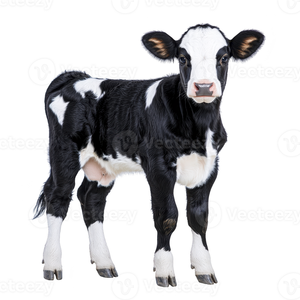 Cute black and white calf stands facing forward, showcasing its distinctive markings and curious expression. young cow ears are perked up, adding to its adorable appearance png