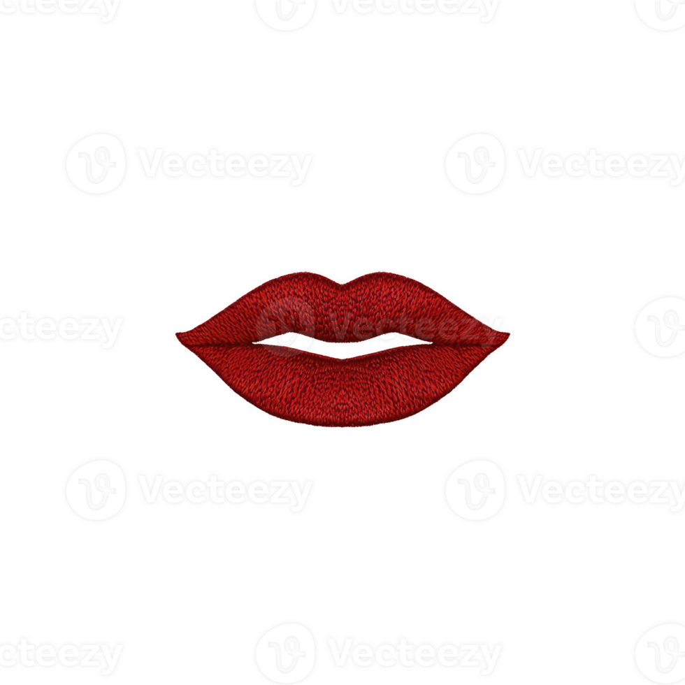 Pair of red lips with textured appearance, resembling embroidery, is centered on transparency background, creating bold and striking visual png