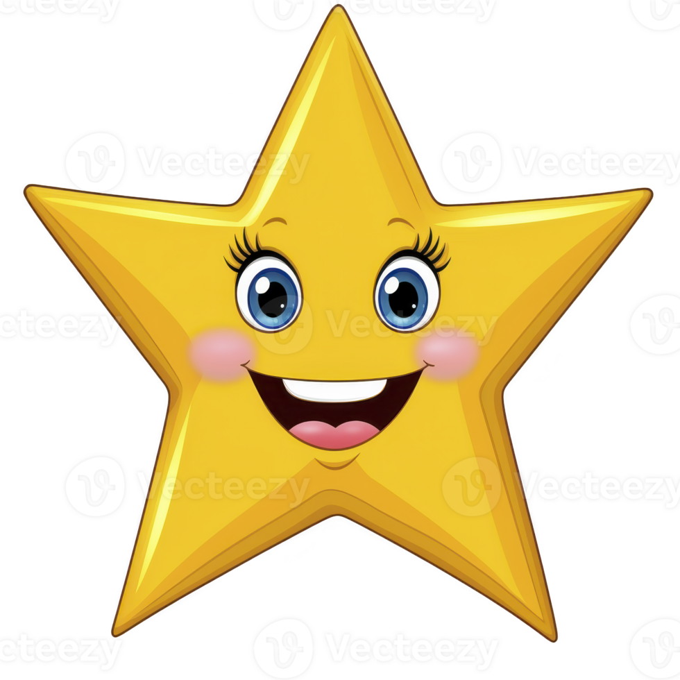 Cheerful yellow star with smiling face and big blue eyes, featuring rosy cheeks and long eyelashes, conveys sense of joy and friendliness png
