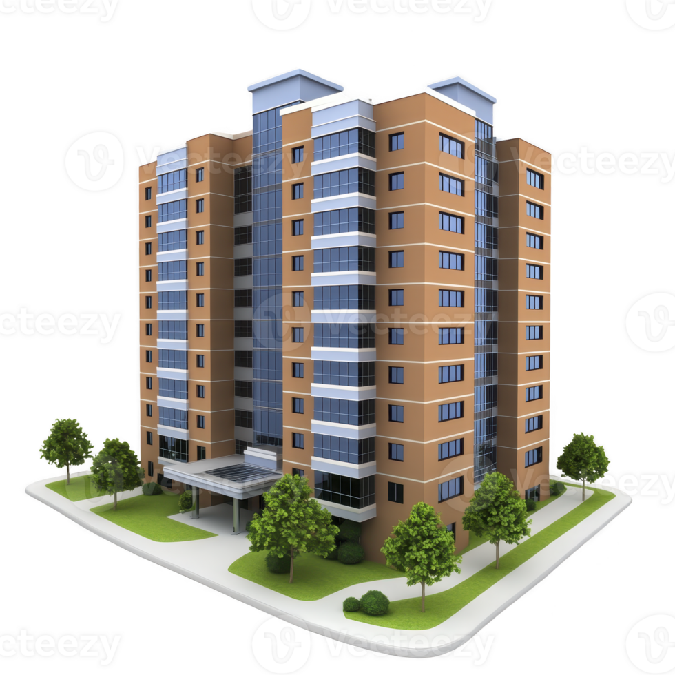 Modern, multi story apartment building with sleek design, featuring large windows and landscaped entrance surrounded by trees, creating inviting atmosphere png