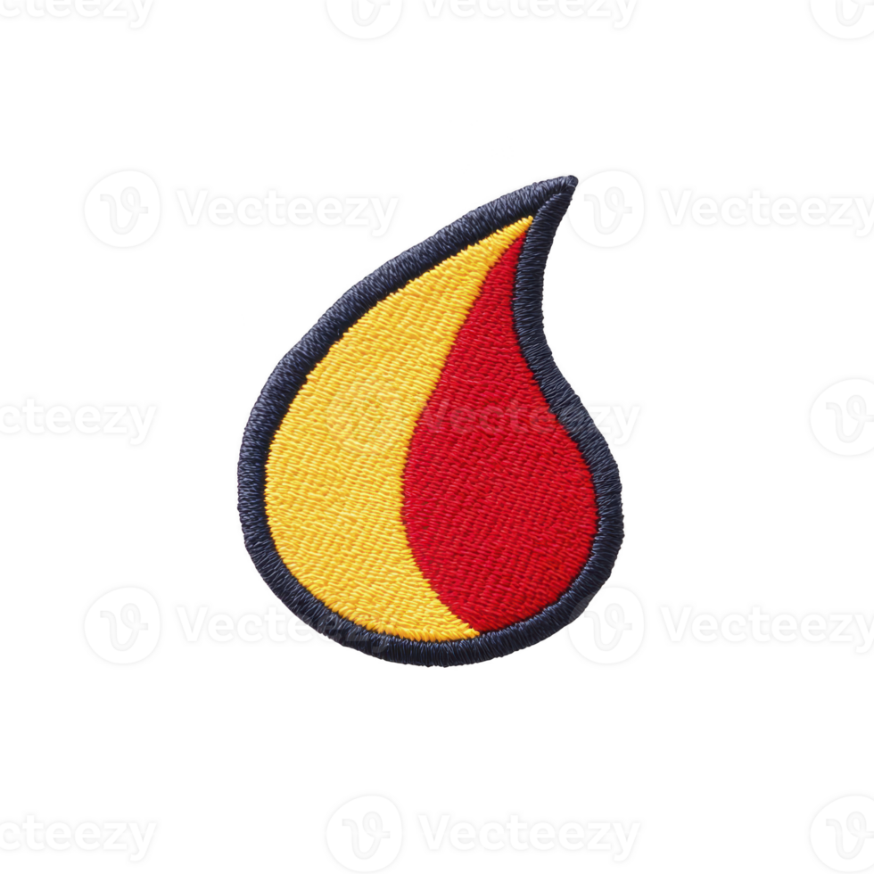 Colorful embroidered patch features teardrop shape with red and yellow design, outlined in dark blue, set against plain background png