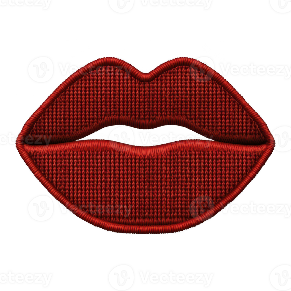 Red embroidered lips patch with textured design, perfect for adding bold statement to clothing or accessories. vibrant color and intricate stitching create striking visual effect png