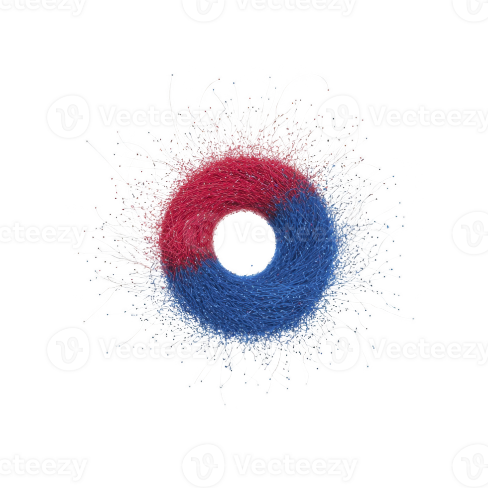 This features circular abstract design with red and blue color scheme, surrounded by white, wispy strands radiating outward, creating dynamic and energetic appearance png