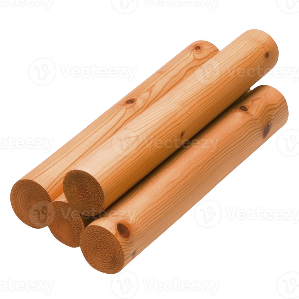 Four smooth wooden logs are stacked neatly, showcasing their natural grain and warm brown color. logs are cylindrical and appear freshly cut, highlighting their texture and organic appeal png