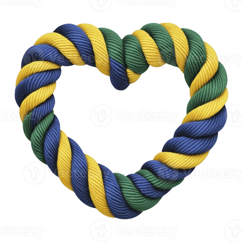 Heart shaped rope design featuring intertwined blue, yellow, and green strands, symbolizing unity and creativity. vibrant colors and twisted pattern create playful and artistic look png