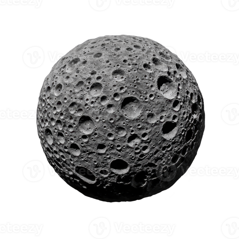 Detailed image of cratered moon surface, showcasing numerous impact craters and rugged terrain, set against transparency background. texture highlights moon geological features png
