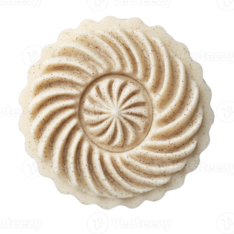 Beautifully crafted round soap with intricate spiral patterns and speckled texture, showcasing natural and artisanal design. soap elegant appearance suggests luxurious and calming experience png