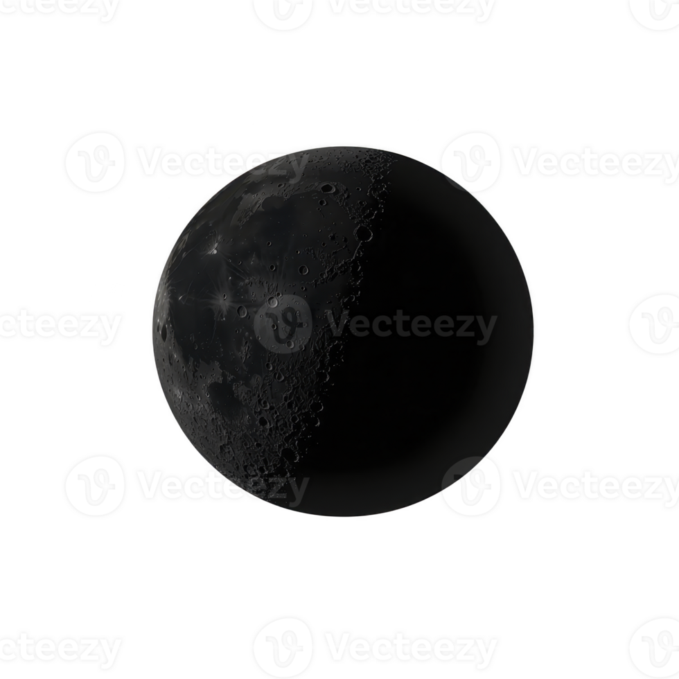 Detailed image of moon surface shows craters and shadows, highlighting its texture and features against transparency background. moon appears partially illuminated, creating dramatic contrast png