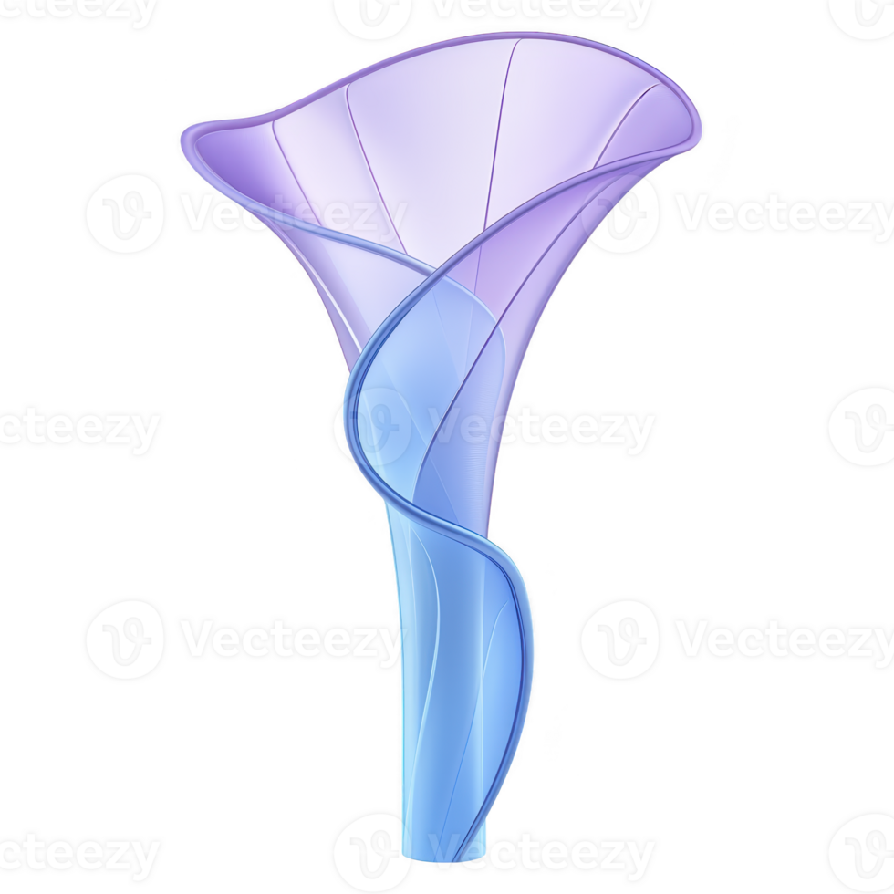 Digitally created abstract flower with twisting, translucent design shades of purple and blue, resembling futuristic calla lily. smooth curves and gradient colors give it ethereal and modern png