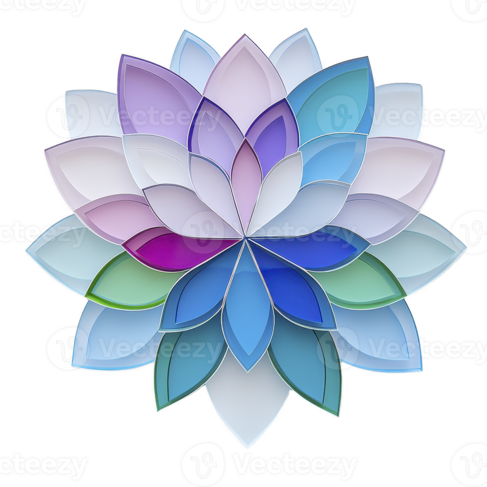 Vibrant, symmetrical lotus flower design with overlapping petals in shades of blue, purple, and green, creating harmonious and calming effect png