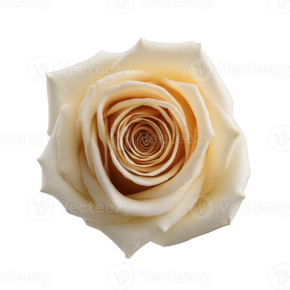 Close up of delicate cream colored rose with soft petals, showcasing its intricate spiral pattern and natural beauty. image captures elegance and simplicity of flower png