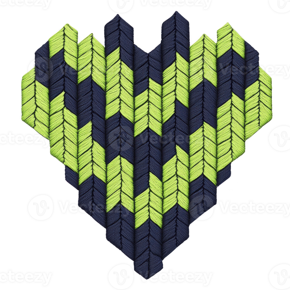 Heart shaped pattern composed of interlocking blue and green chevrons creates vibrant and dynamic design. geometric arrangement adds modern and artistic touch png