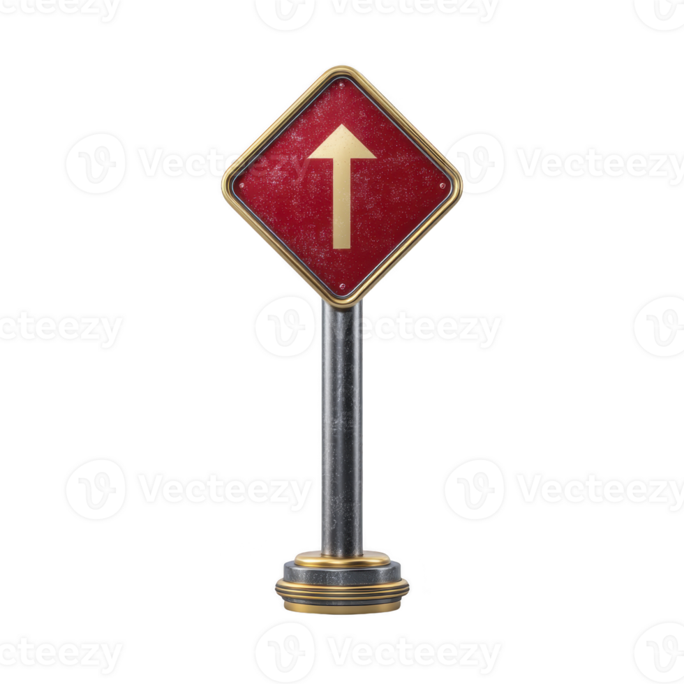 Red and gold vintage style sign with upward arrow stands on metallic pole, evoking sense of direction and guidance. sign ornate design adds touch of elegance png