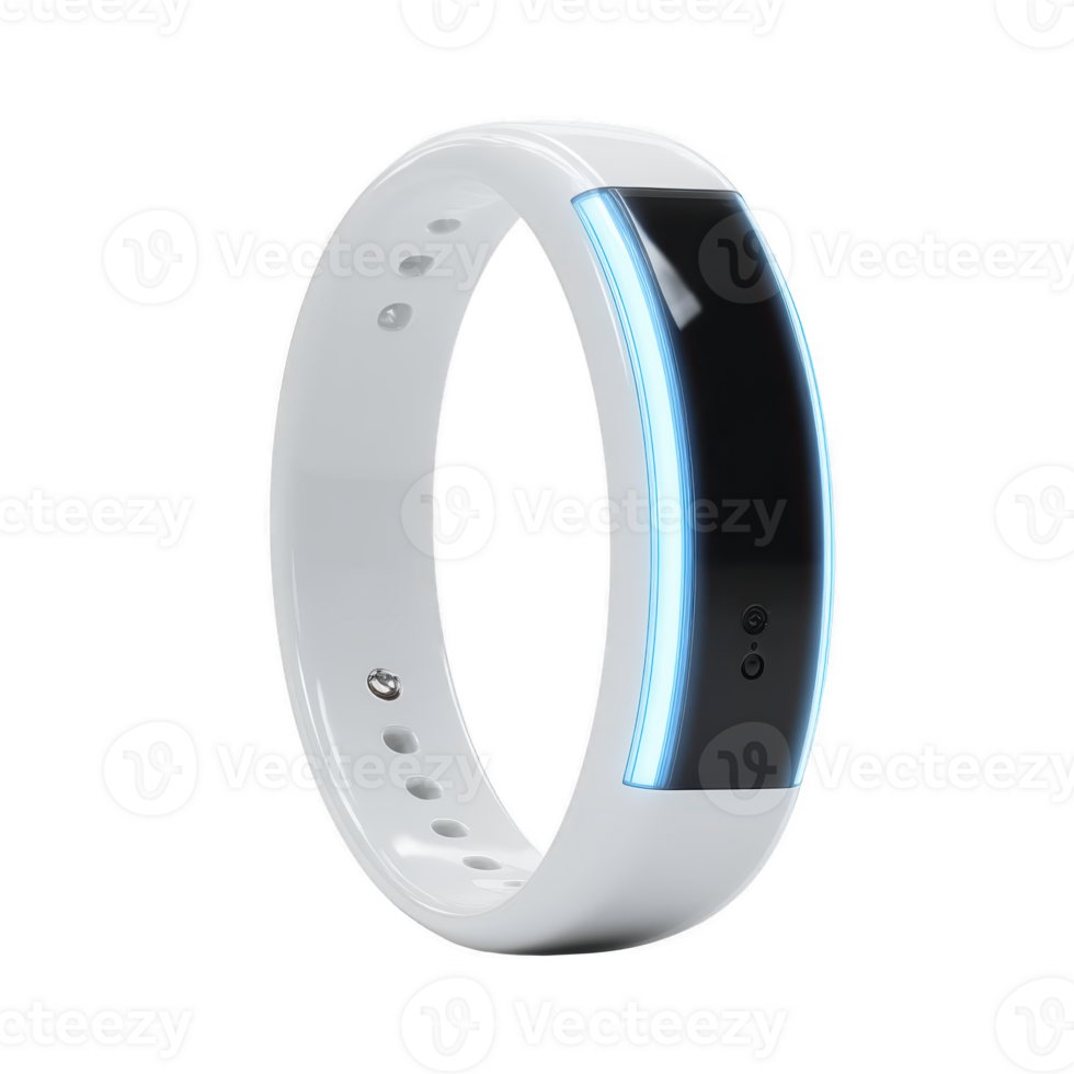 Sleek white smart wristband with black touchscreen display and blue LED light, designed for fitness tracking and health monitoring. minimalist design is modern and stylish png