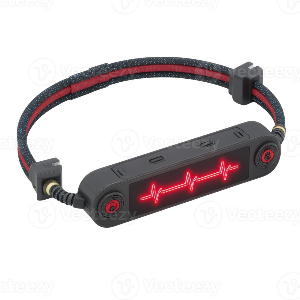 Black and red electronic device with glowing red heartbeat line on its display, featuring braided cable and connectors. design is sleek and modern, suggesting tech gadget png