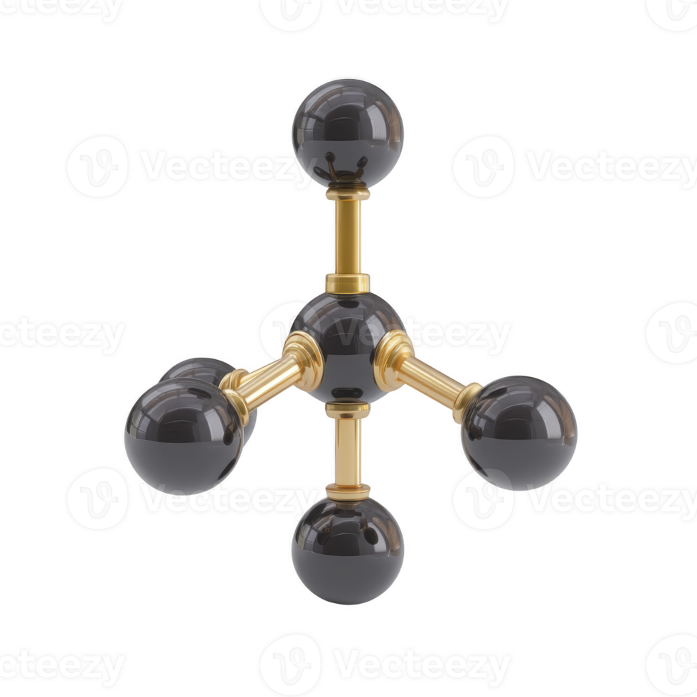 3D model of methane molecule with central carbon atom connected to four hydrogen atoms, represented by black and gold spheres and rods, illustrating molecular structure png