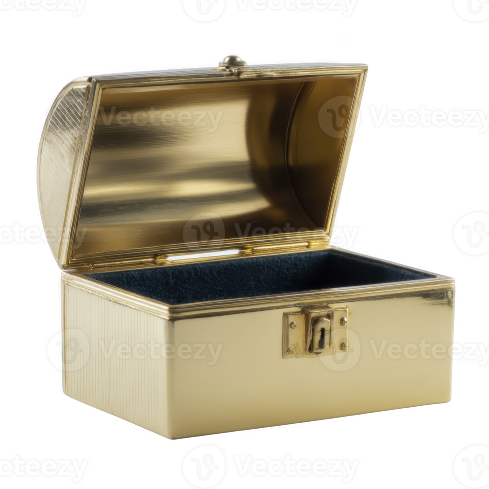 Elegant, open gold jewelry box with reflective surface and intricate detailing, perfect for storing precious items. box exudes luxury and sophistication png