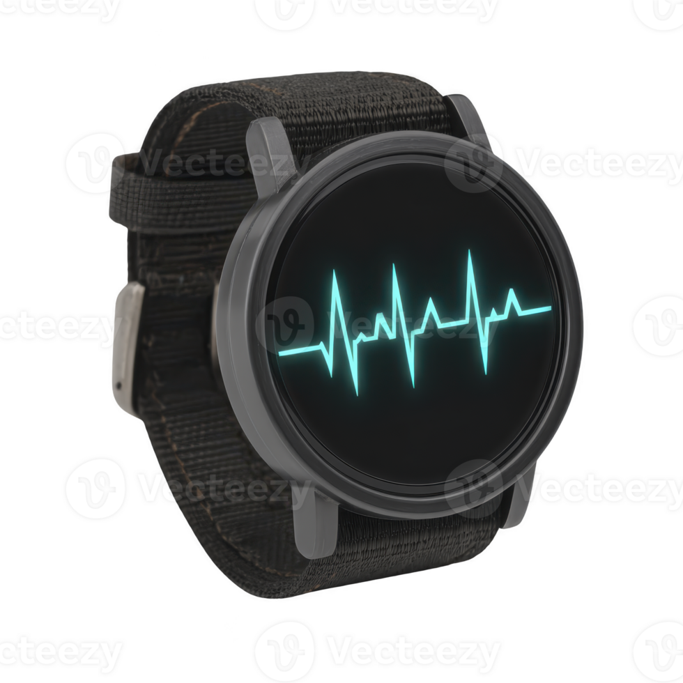 Sleek smartwatch with black strap displays glowing blue heart rate monitor on its screen, symbolizing health and fitness tracking png