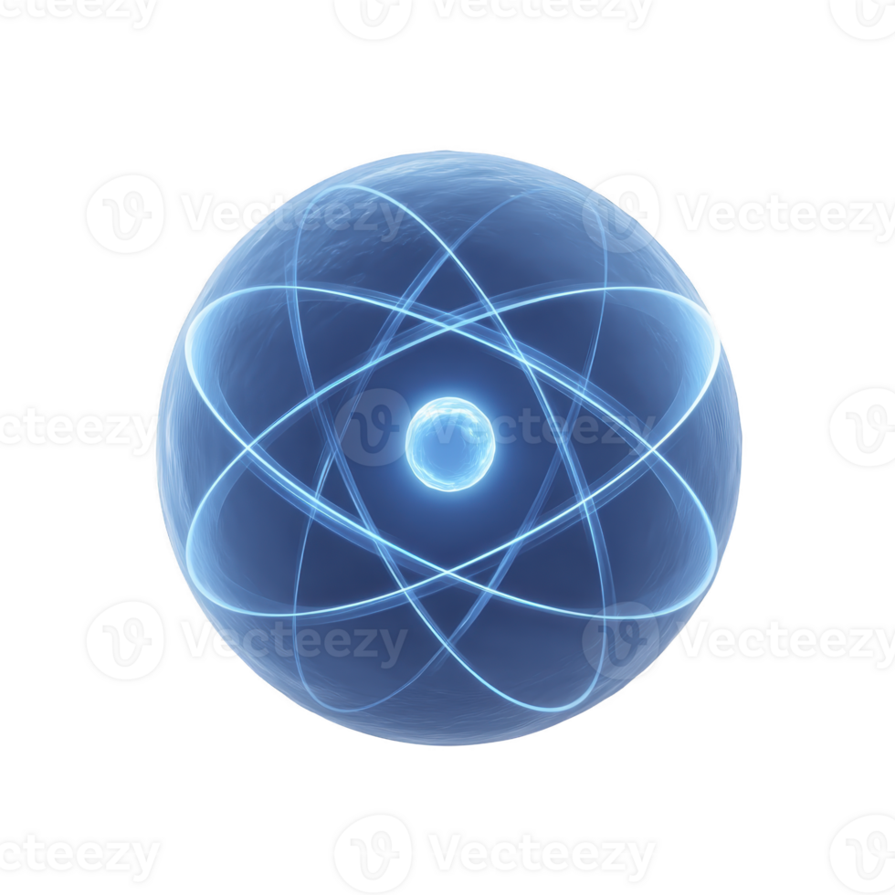 Glowing blue atomic structure with orbiting electrons represents concept of atomic energy and science. central nucleus is surrounded by elliptical paths, symbolizing electron orbits png