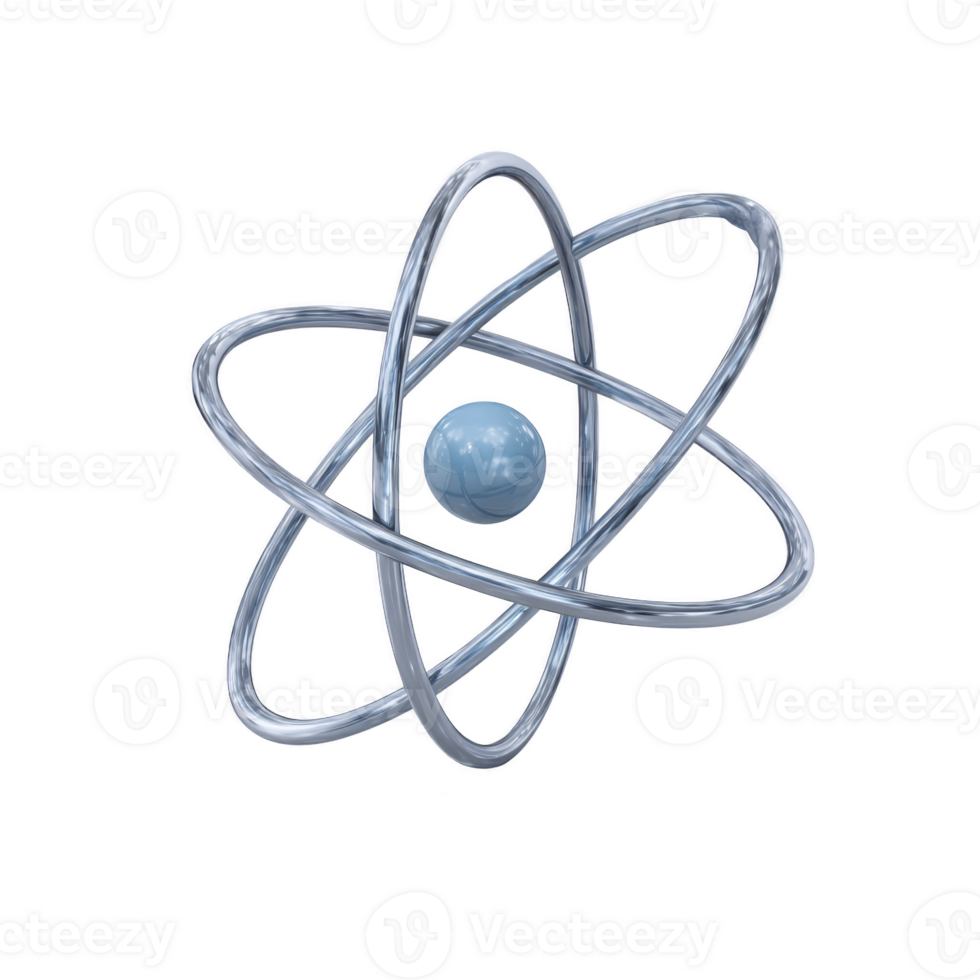 Abstract representation of atom features central blue sphere surrounded by three metallic rings, symbolizing electrons orbiting nucleus. design is sleek and modern png