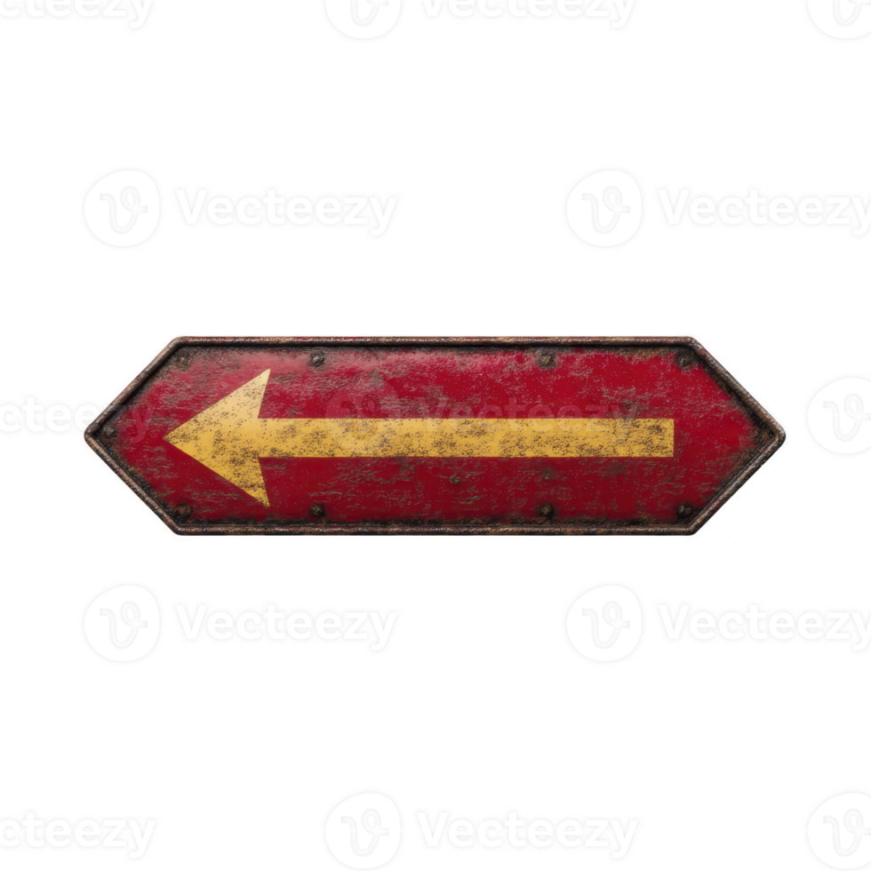 Weathered red metal arrow sign with yellow left pointing arrow, showing signs of rust and age, isolated on transparency background png