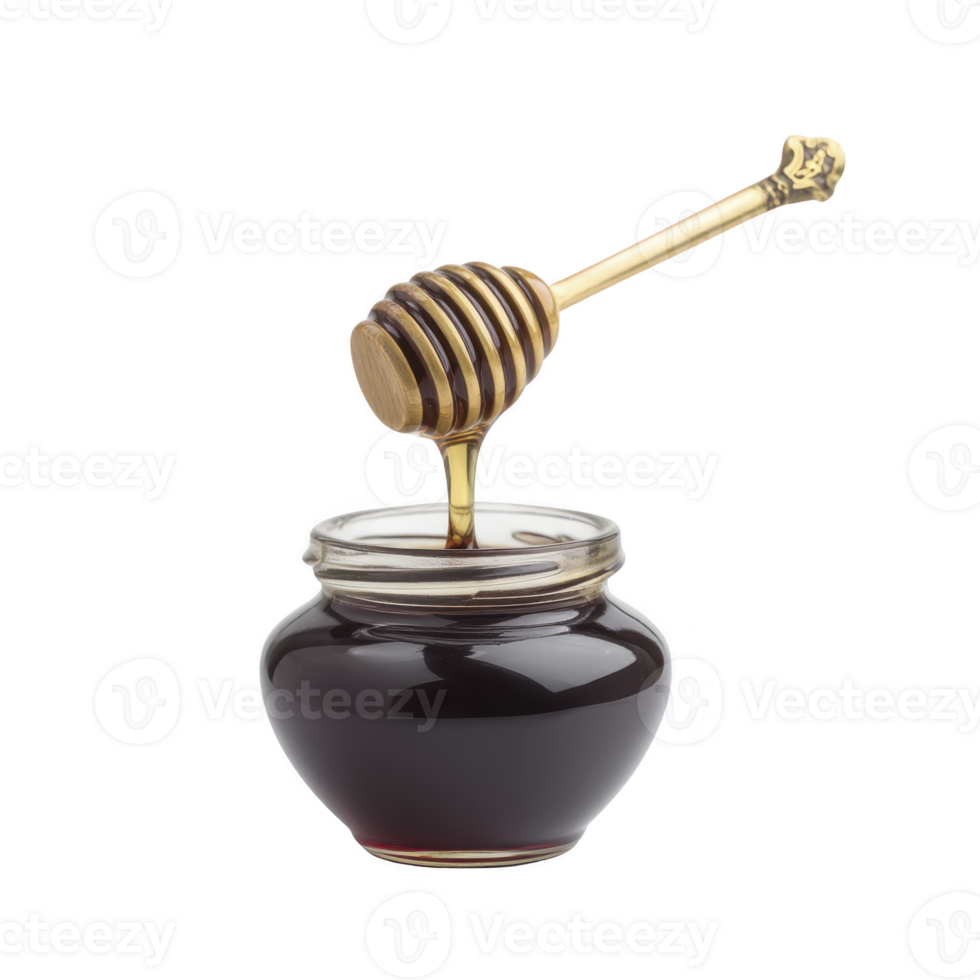 Jar of dark honey with wooden dipper dripping honey into it, creating sweet and inviting scene. honey rich color and smooth texture are highlighted against plain background png