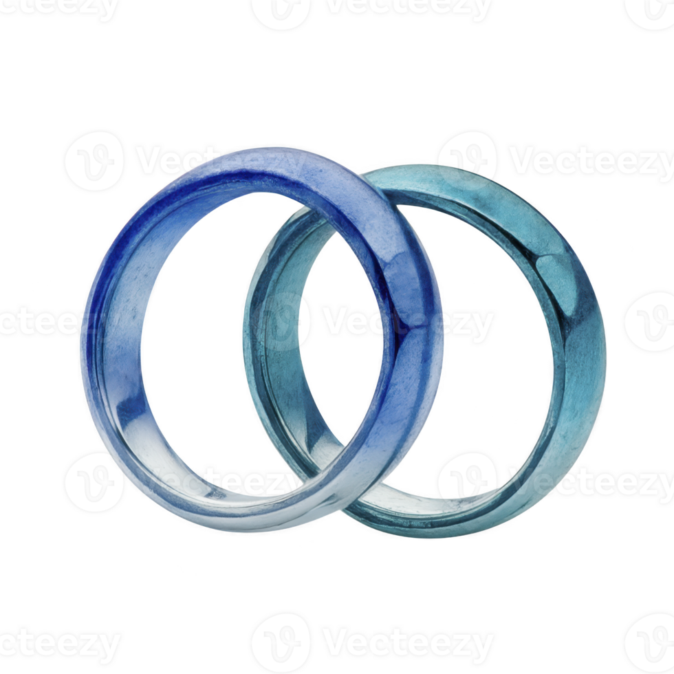 Two intertwined blue rings symbolize unity and connection, featuring glossy finish and smooth texture. rings are set against plain background, highlighting their elegant design png