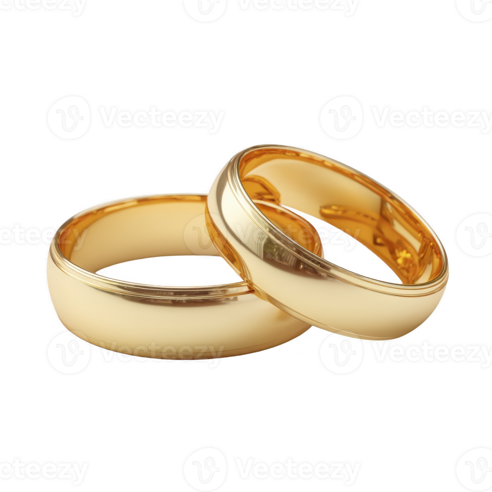 Two elegant gold wedding bands are intertwined, symbolizing love and commitment. polished surface reflects light beautifully, adding touch of sophistication png