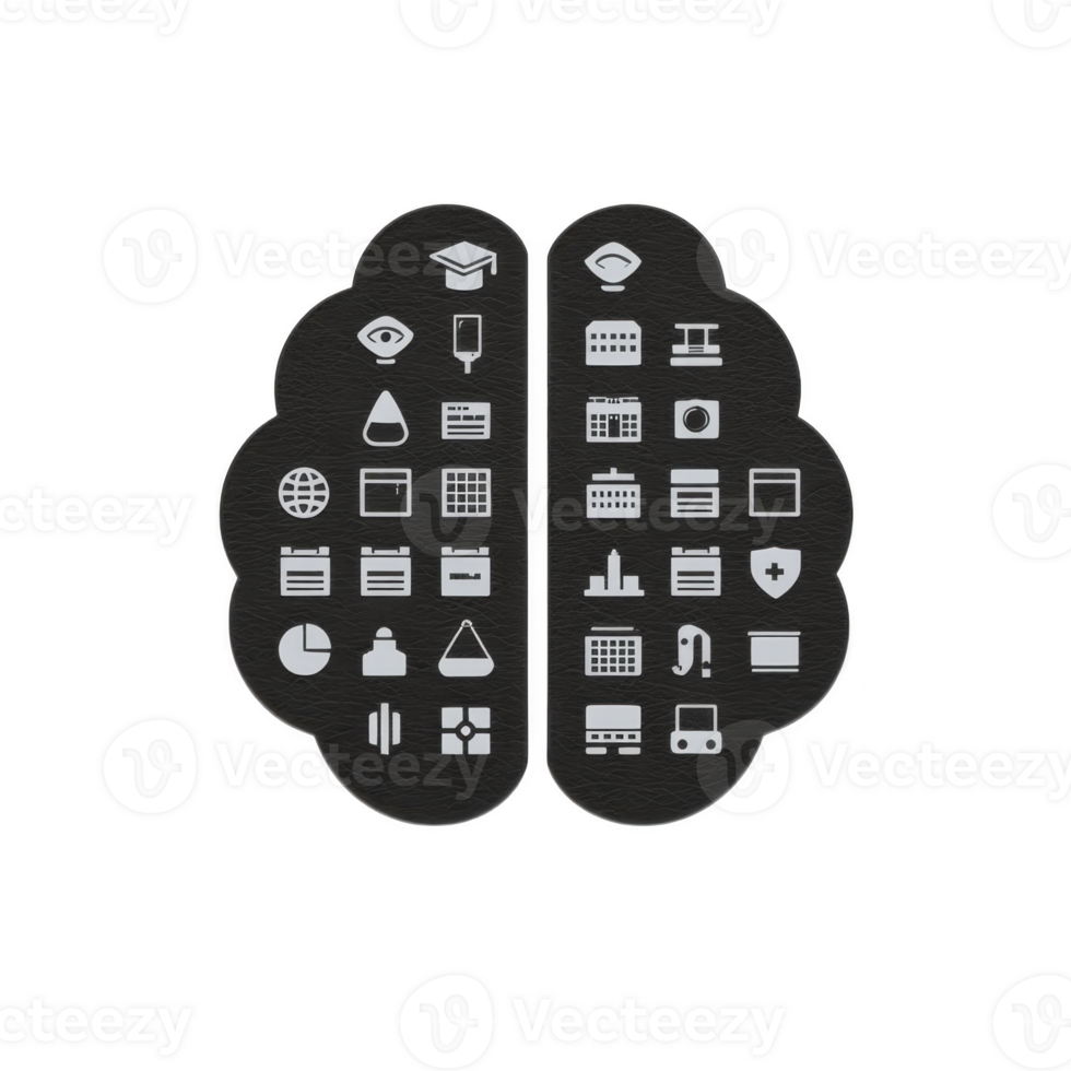 This features stylized brain icon divided into two halves, each containing various symbols representing different concepts such as education, technology, health, and data. design is monochromatic png