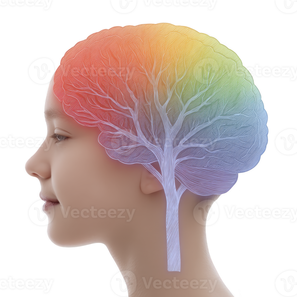 Profile of person with colorful brain illustration resembling tree, symbolizing creativity and growth. vibrant colors and intricate design evoke sense of imagination and innovation png