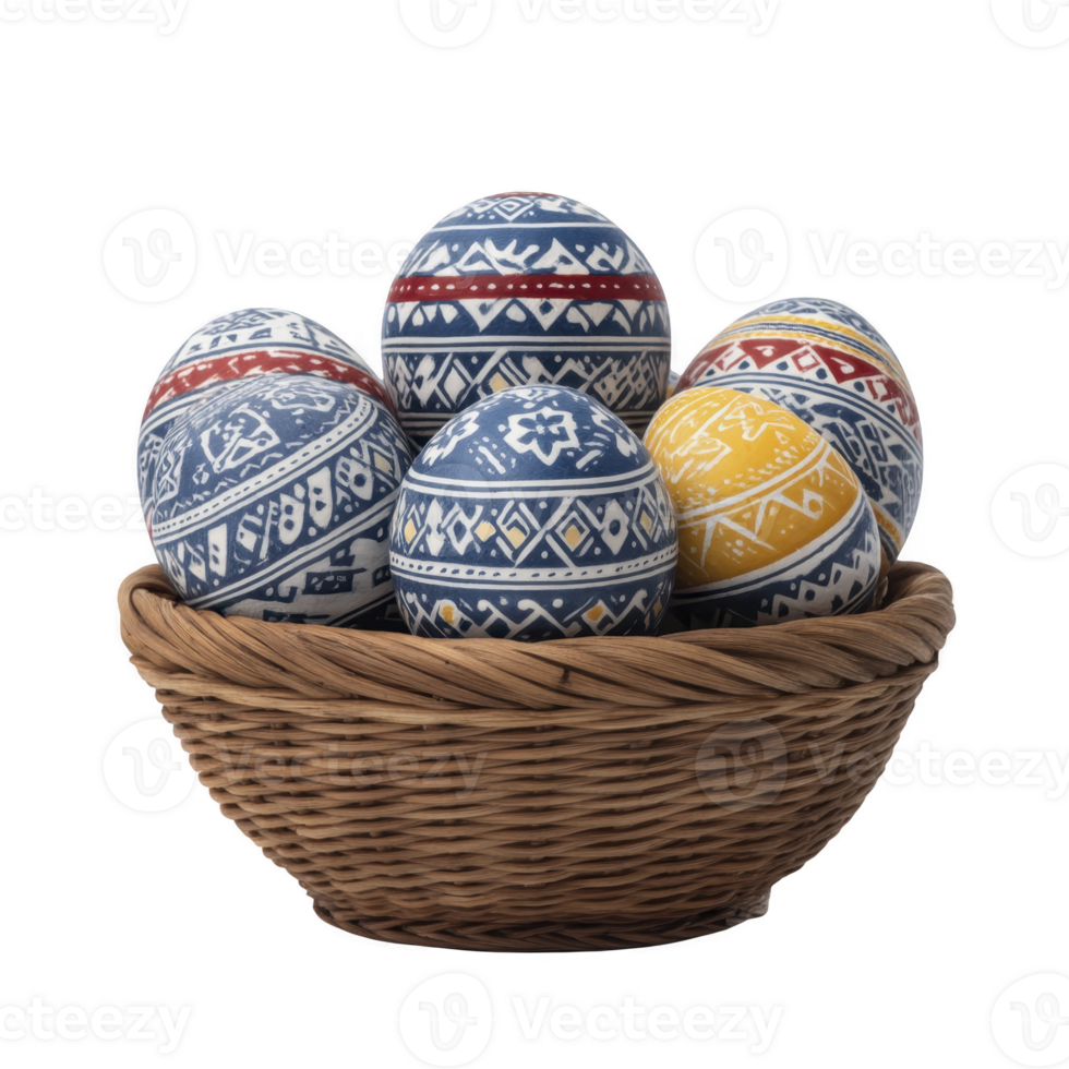 Wicker basket filled with intricately painted Easter eggs, featuring blue, red, and yellow geometric patterns, creating festive and artistic display png