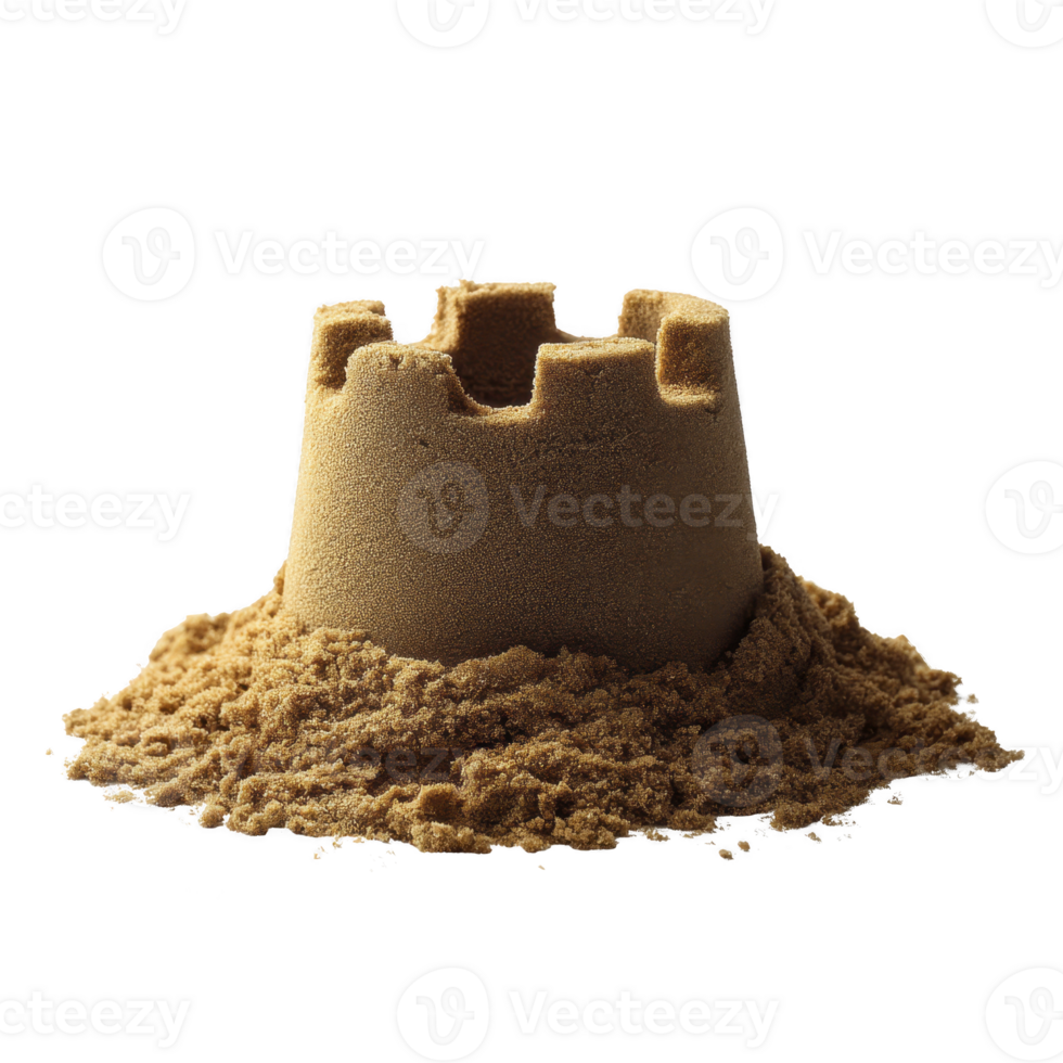Small sandcastle sits on pile of sand, showcasing simple architecture with smooth surface and defined edges. structure evokes sense of nostalgia and creativity png