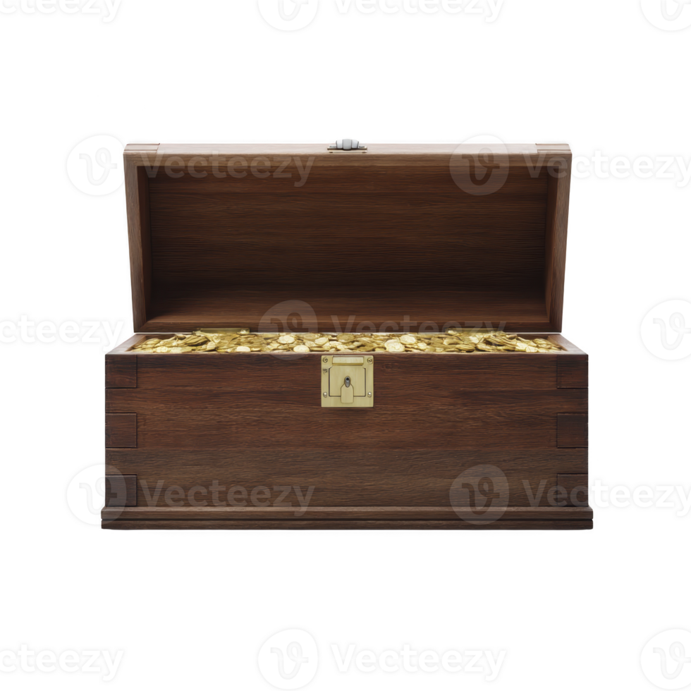 Open wooden treasure chest filled with gold coins, symbolizing wealth and adventure. chest is crafted from dark wood with brass lock, evoking sense of mystery and discovery png