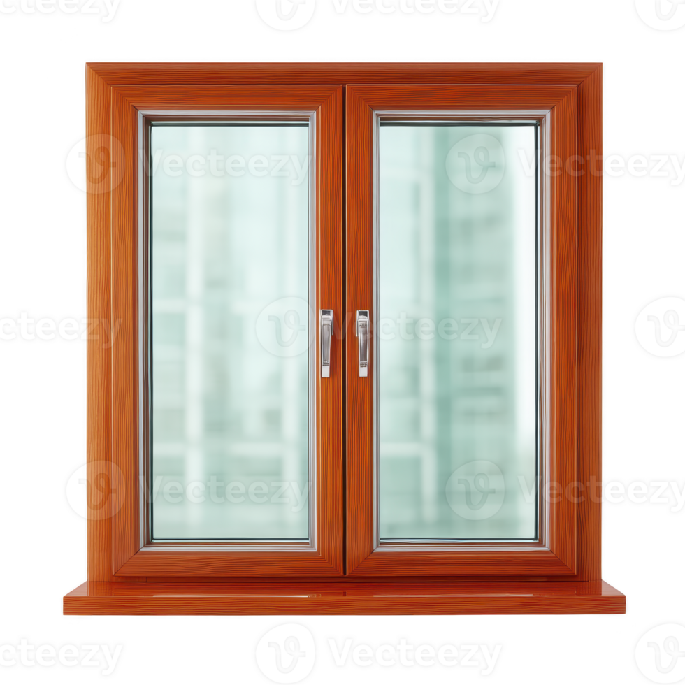 Wooden framed double glass window with clear view, featuring sleek handles and modern design, perfect for contemporary interiors png