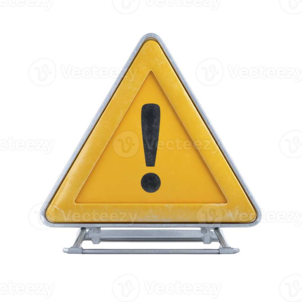 Yellow triangular warning sign with exclamation mark stands on metal frame, symbolizing caution or alert. sign weathered appearance suggests it has been used outdoors png