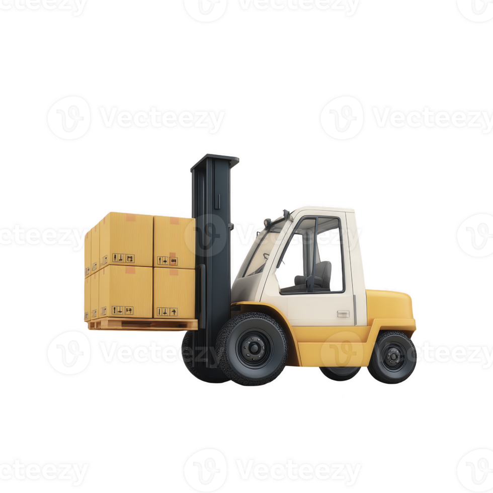 Yellow and white forklift is lifting several stacked cardboard boxes, showcasing industrial equipment used for material handling and logistics png