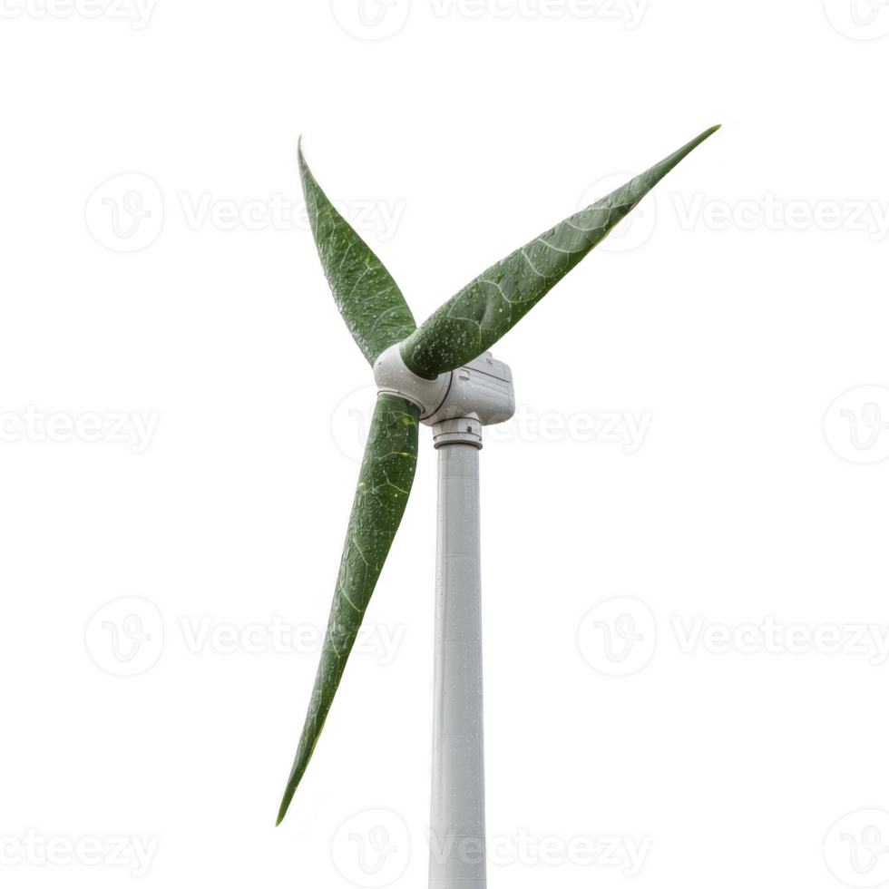 Wind turbine with blades resembling green leaves symbolizes renewable energy and sustainability. design creatively merges technology with nature, promoting eco friendly power solutions png