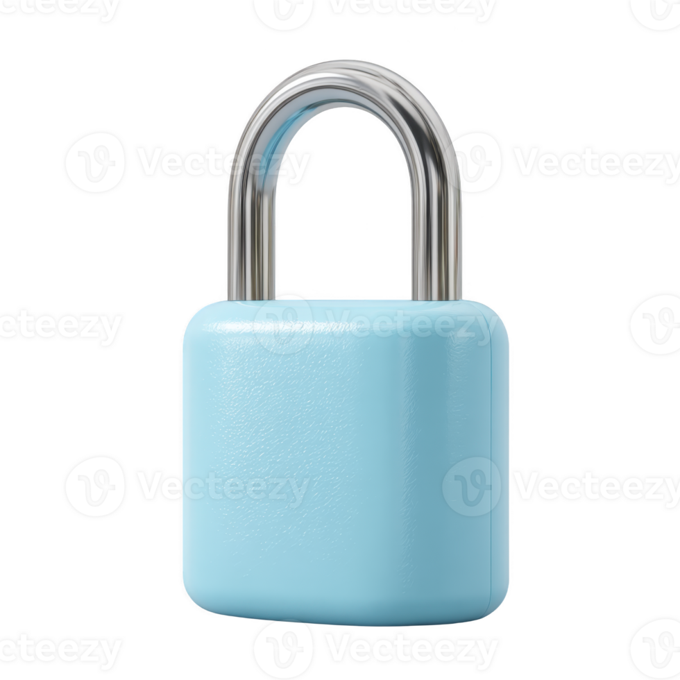 Light blue padlock with shiny metal shackle, symbolizing security and protection, isolated on transparency background. minimalist design emphasizes simplicity and functionality png