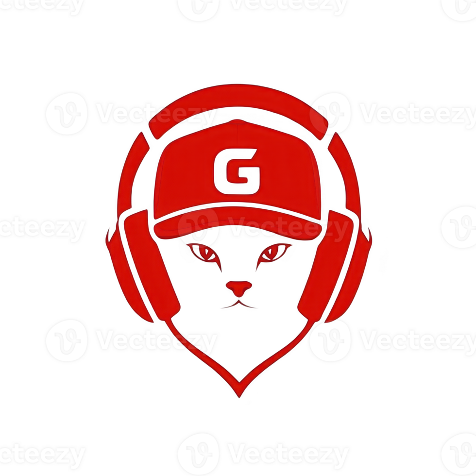 Stylized red cat wearing headphones and cap with letter G creates bold and modern design. minimalistic illustration emphasizes cat eyes and ears, giving it cool and edgy vibe png