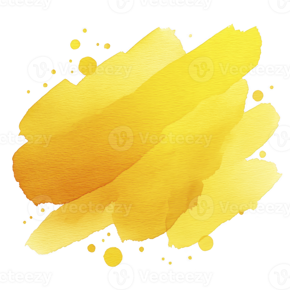 Vibrant yellow watercolor splash with textured brush strokes and scattered dots creates lively and artistic background. Perfect for creative projects and design elements png