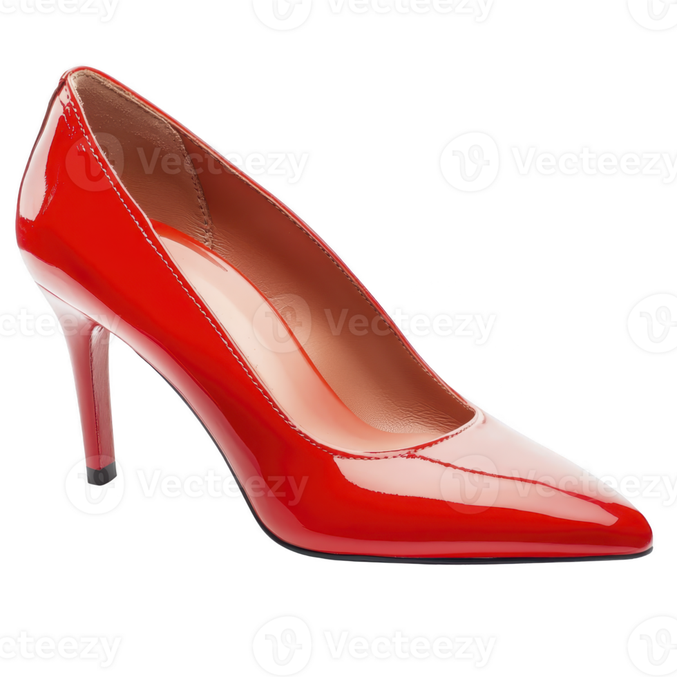 Sleek red high heel shoe with glossy finish, featuring pointed toe and stiletto heel, perfect for formal occasions or night out. vibrant color adds bold statement png