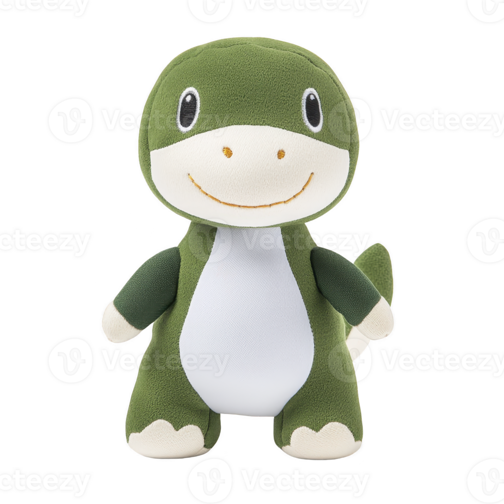 Cute green dinosaur plush toy with white belly and friendly smile, perfect for children and collectors. soft texture and adorable design make it ideal gift png