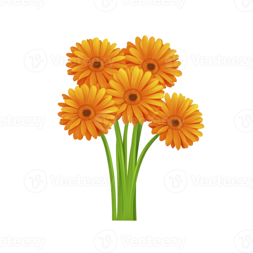 Vibrant bouquet of orange gerbera daisies with lush green stems, beautifully arranged to convey sense of joy and warmth. bright petals create cheerful and lively atmosphere png