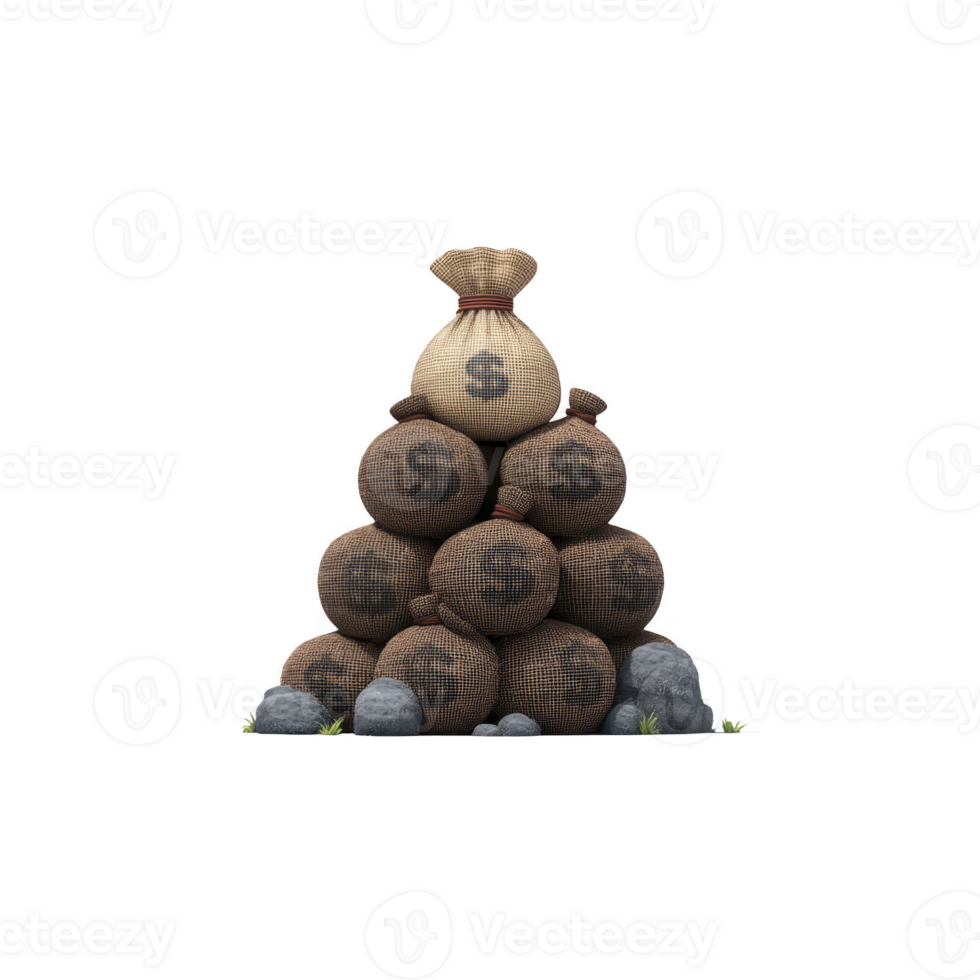 Pyramid of burlap sacks with dollar signs, symbolizing wealth and financial success, is stacked on grassy surface with scattered rocks. arrangement conveys prosperity and abundance png
