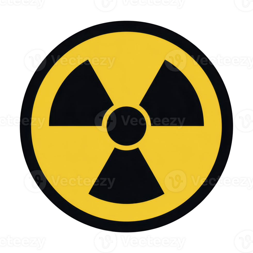 Yellow and black radiation warning symbol, indicating presence of radioactive materials or radiation hazards. symbol consists of central circle with three triangular shapes pointing outward png